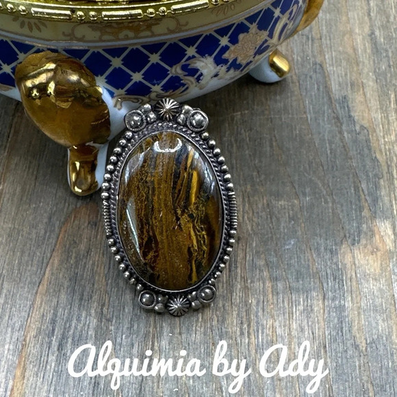 Oversized full finger maximalist 925 silver tigers eye huge ring - Picture 1 of 6